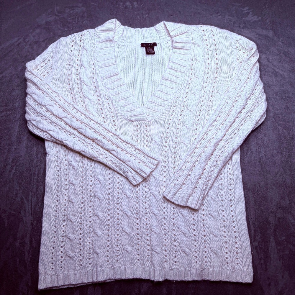 LINK Sweater Women XL Cream Cable Knit V-Neck Ramie Angora Pointelle Fisherman